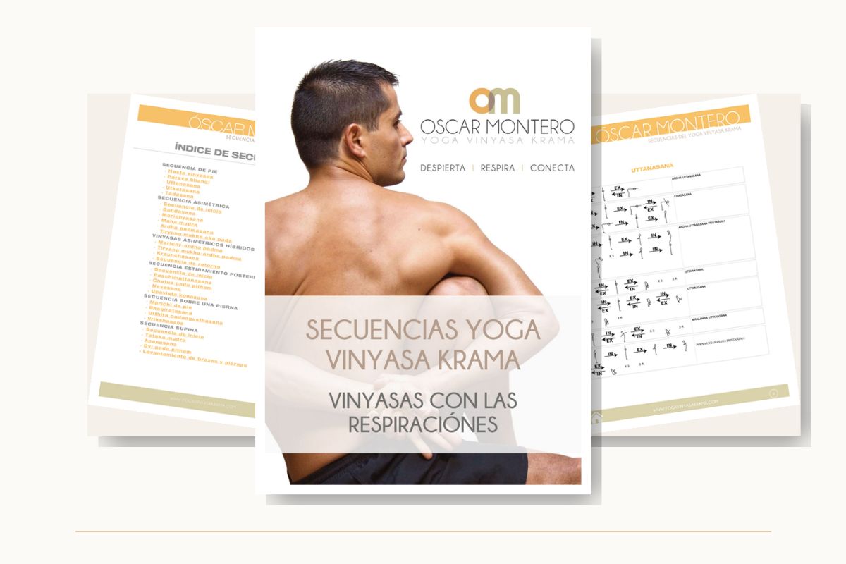 Mockup del PDF de secuencias de Yoga Vinyasa Krama con portada, &iacute;ndice y secuencia interior